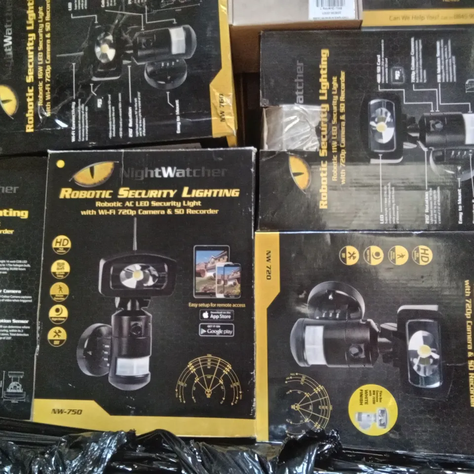 PALLET OF ASSORTED ELECTRONICS INCLUDING NIGHTWATCHER ROBOTIC SECURITY LIGHTING, C1080B DIGITAL BULLET CAMERAS, AC LED SECURITY LIGHT WHITE
