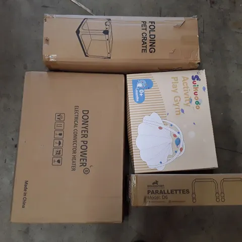 PALLET TO CONTAIN AN ASSORTMENT OF HOUSEHOLD ITEMS TO INCLUDE FOLDING PET CRATE, PARRALLETS, ACTIVITY PLAY GYM AND ELECTRICAL CONVECTOR HEATER ECT