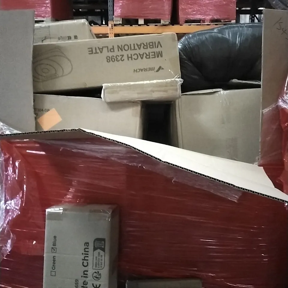 PALLET OF HOUSEHOLD ITEMS TO INCLUDE VIBRATION PLATE, MANUAL WEEDER, TV,BED RAIL GUARDS, SEAT PROTECTORS AND OTHER ASSORTED ITEMS...