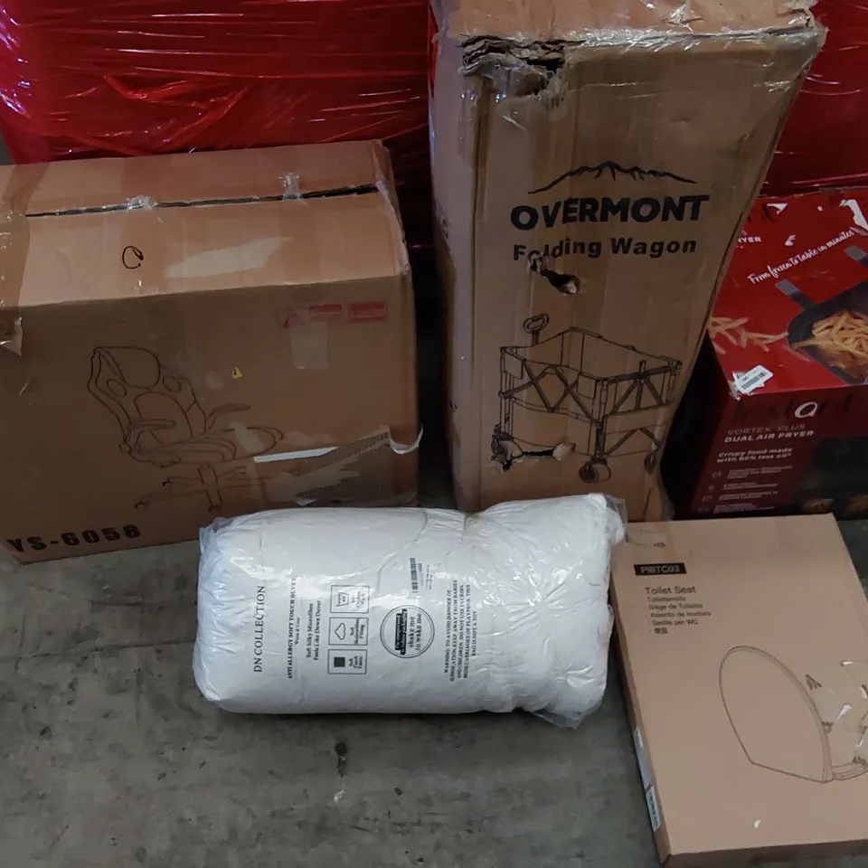 PALLET OF ASSORTED ITEMS INCLUDING: AIR FRYER, DESK CHAIR, FOLDING WAGON, BEDDING, TOILET SEAT