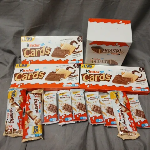 APPROXIMATELY 20 ASSORTED KINDER PRODUCTS TO INCLUDE BEUNO, CARDS & CRISPY, ETC