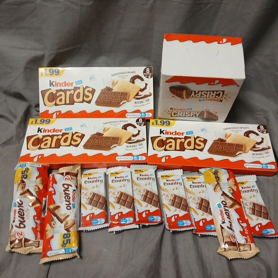 APPROXIMATELY 20 ASSORTED KINDER PRODUCTS TO INCLUDE BEUNO, CARDS & CRISPY, ETC