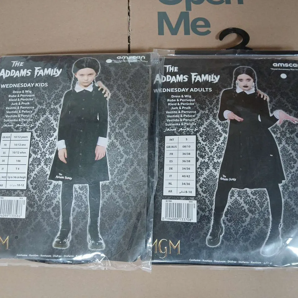 LOT OF 10 AMSCAN THE ADAMS FAMILY WEDNESDAY COSTUMES INCLUDES BOT KIDS AND ADULT - VARIOUS SIZES 