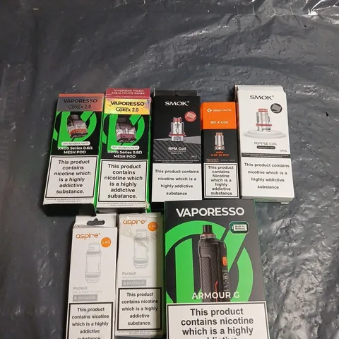 APPROXIMATELY 15 ASSORTED E-CIG PRODUCTS AND ACCESSORIES TO INCLUDE SMOK, VAPORESSO, ASPIRE ETC 