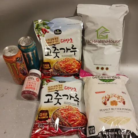 APPROXIMATELY 10 ASSORTED FOOD/DRINK PRODUCTS TO INCLUDE MONSTER ENERGY DRINK, PEANUT BUTTER POWDER, CIDER GUMMIES ETC