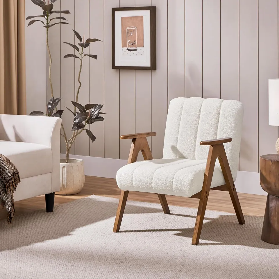BOXED YAHEETECH BOUCLE MID CENTURY ACCENT CHAIR - WHITE/NATURAL (1 BOX)
