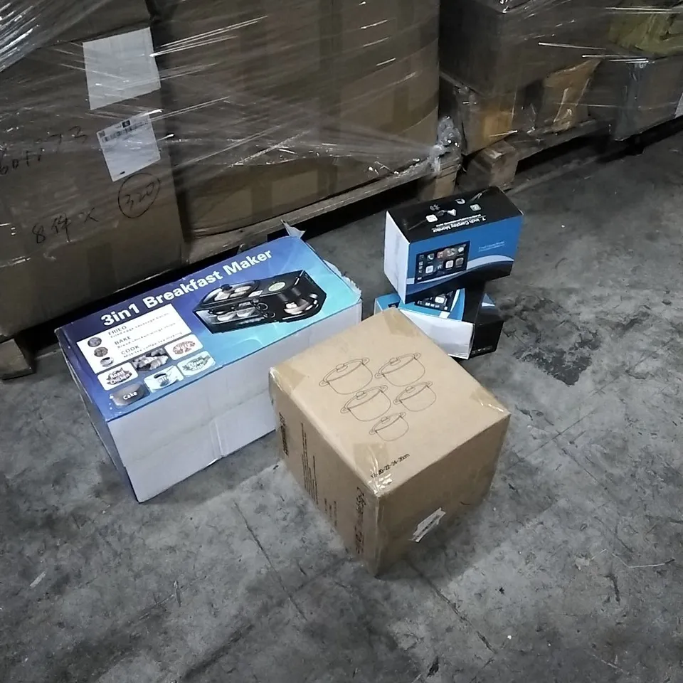 PALLET OF HOUSEHOLD ITEMS TO INCLUDE 3 IN 1 BREAKFAST MAKER, POTS, 7" CARPLAY MONITOR'S AND OTHER ASSORTED...