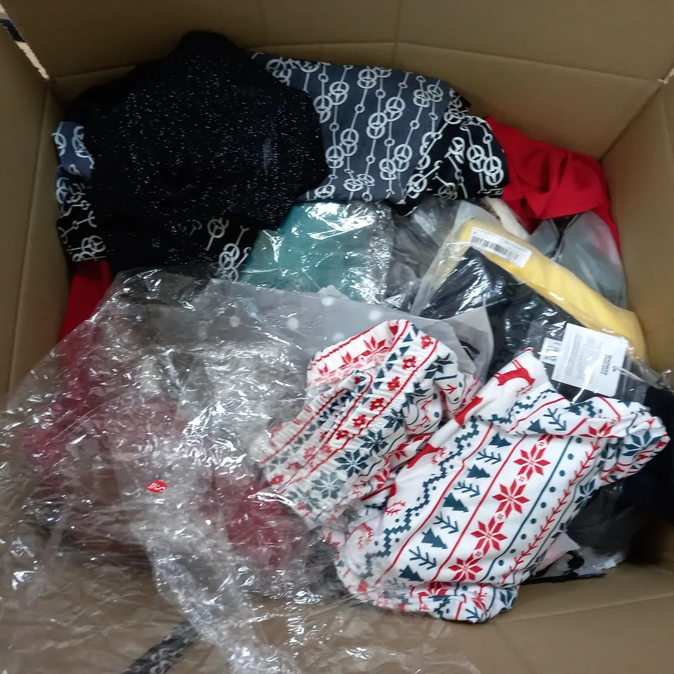 LARGE BOX OF ASSORTED CLOTHING ITEMS IN VARIOUS COLOURS AND SIZES INCLUDING TROUSERS , TOPS AND JUMPERS 
