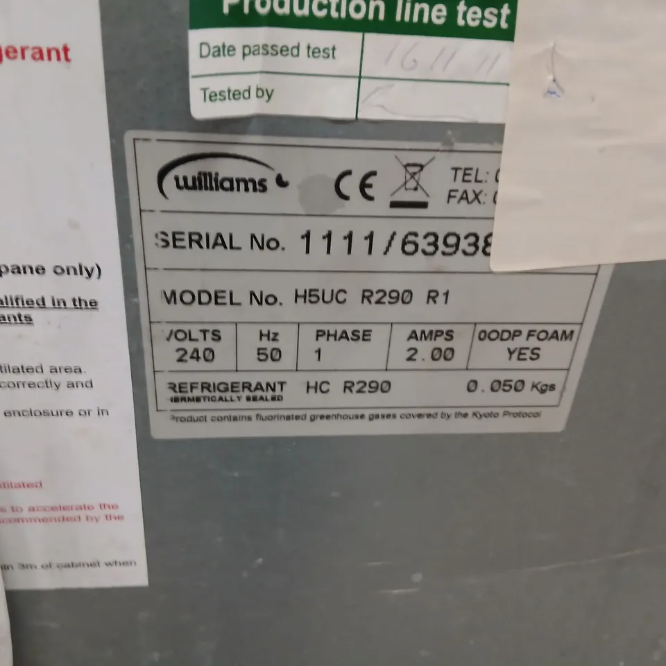 WILLIAMS H5UC COMMERCIAL REFRIGERATOR – R290, 240V (UNDERCOUNTER)