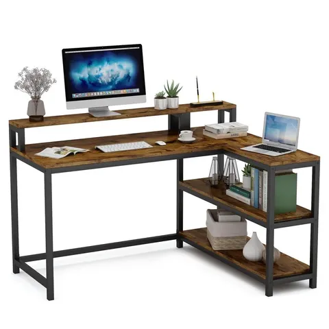 BOXED HONEYVILLE 130cm W L-SHAPE COMPUTER DESK, WOOD TOP METAL BASE (1 BOX)