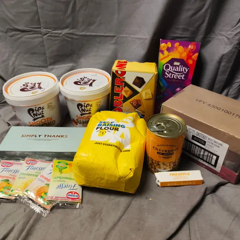 APPROXIMATELY 10 ASSORTED FOOD ITEMS TO INCLUDE QUALITY STREET BOX, PIP & NUT SMOOTH ALMOND BUTTER, SELF RAISING FLOUR, ETC - COLLECTION ONLY