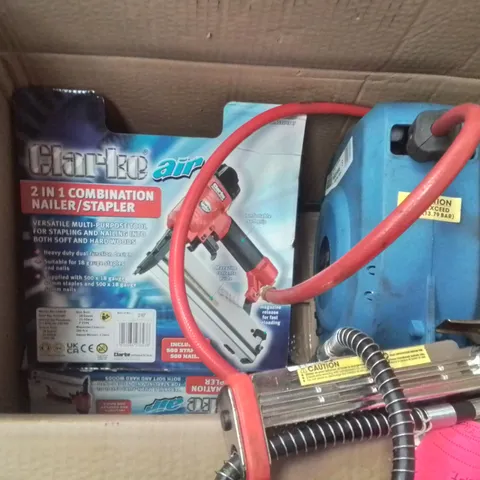 MIXED BOX OF TOOLS TO INCLUDE: 9 METRE RETRACTABLE AIR HOSE REEL, 2 IN 1 COMBINATION NAILER/STAPLER, TYRE INFLATOR