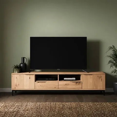 BOXED REYNOLDS EXTRA WIDE TV UNIT FOR TVS UP TO 80", RUSTIC OAK EFFECT (2 BOXES)