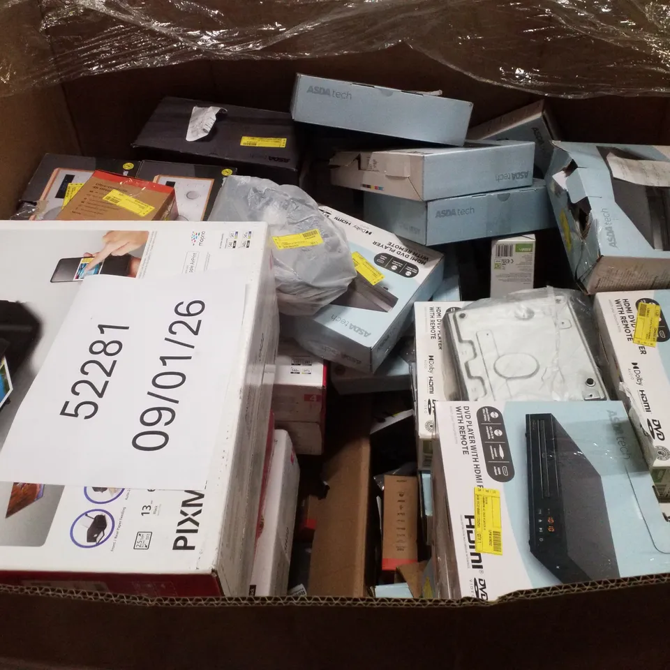 PALLET CONTAINING ASSORTED ELECTRICAL PRODUCTS INCLUDING CANON PRINTERS, DAB/FM RADIO & HDMI DVD PLAYER WITH REMOTE