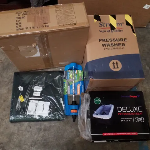 PALLET CONTAINING ASSORTED PRODUCTS INCLUDING CEILING FAN WITH LIGHT, PRESSURE WASHER, PET BOOSTER SEAT, OSCILLATING SPRINKLER & VELVET OTTOMAN