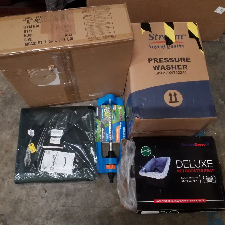 PALLET CONTAINING ASSORTED PRODUCTS INCLUDING CEILING FAN WITH LIGHT, PRESSURE WASHER, PET BOOSTER SEAT, OSCILLATING SPRINKLER & VELVET OTTOMAN