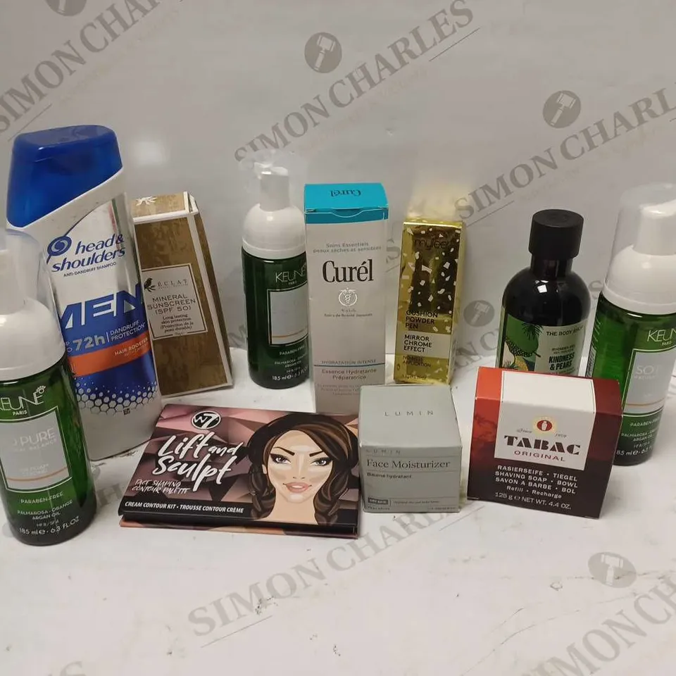 LOT OF APPROXIMATELY 30 COSMETICS ITEMS TO INCLUDE W7 LIFT AND SCULPT CREAM CONTOUR KIT, LUMIN FACE MOISTURIZER, KEUNE PARIS ORANGE ARGAN OIL, ETC