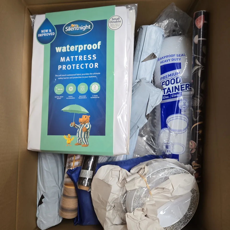 LARGE BOX OF ASSORTED HOUSEHOLD ITEMS TO INCLUDE WATERPROOF SHEETS, FOOD CONTAINERS AND WALLAPAPER