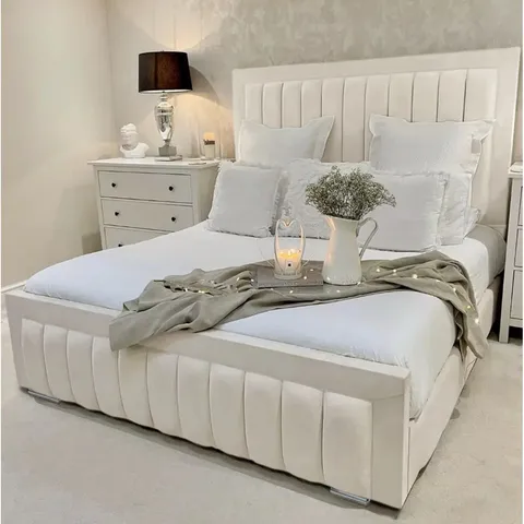 BAGGED ALONDREA UPHOLSTERED PANEL BED - KING SIZE, CREAM (4 ITEMS)