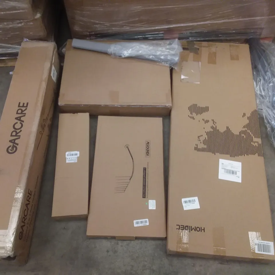 PALLET OF ASSORTED ITEMS INCLUDING BIGK REAL LUMPWOOD BARBECUE CHARCOAL, AMAZING FORCE KITCHEN FAUCET, KIRCHNER WINDOW VAC ACCESSORIES, HOMIDEC, GARCARE CORDED 2 IN 1 POLE HEDGE TRIMMER, ALLSOUNDA 