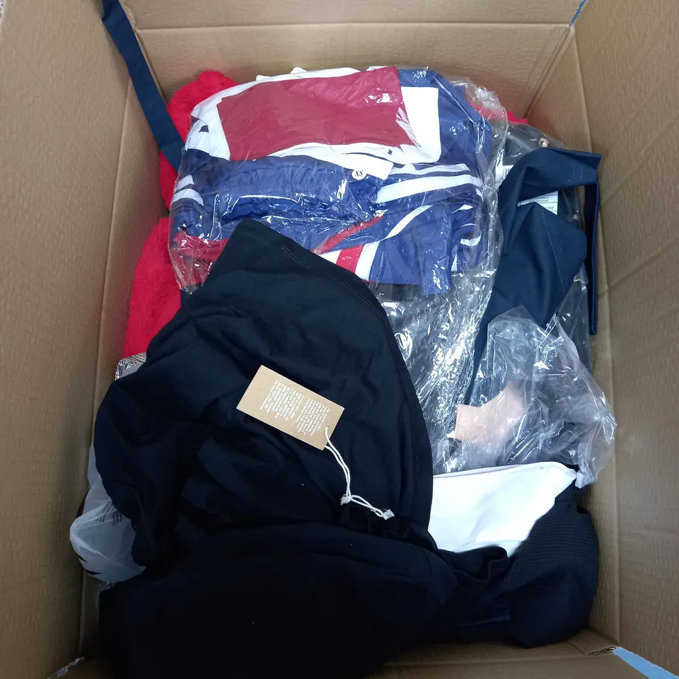 BOX OF ASSORTED CLOTHING ITEMS TOO INCLUDE JUMPERS, SHIRTS AND TROUSERS IN VARIOUS SIZES AND COLOURS   