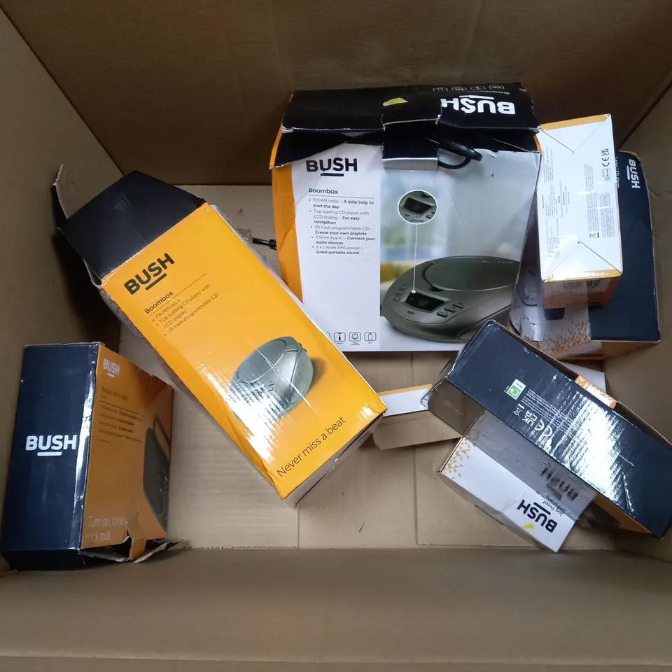 BOX OF APPROX 8 ASSORTED BUSH ITEMS TO INCLUDE - ALARM CLOCK ,BLUETOOTH RADIO , PORTABLE FM/AM RADIO ETC