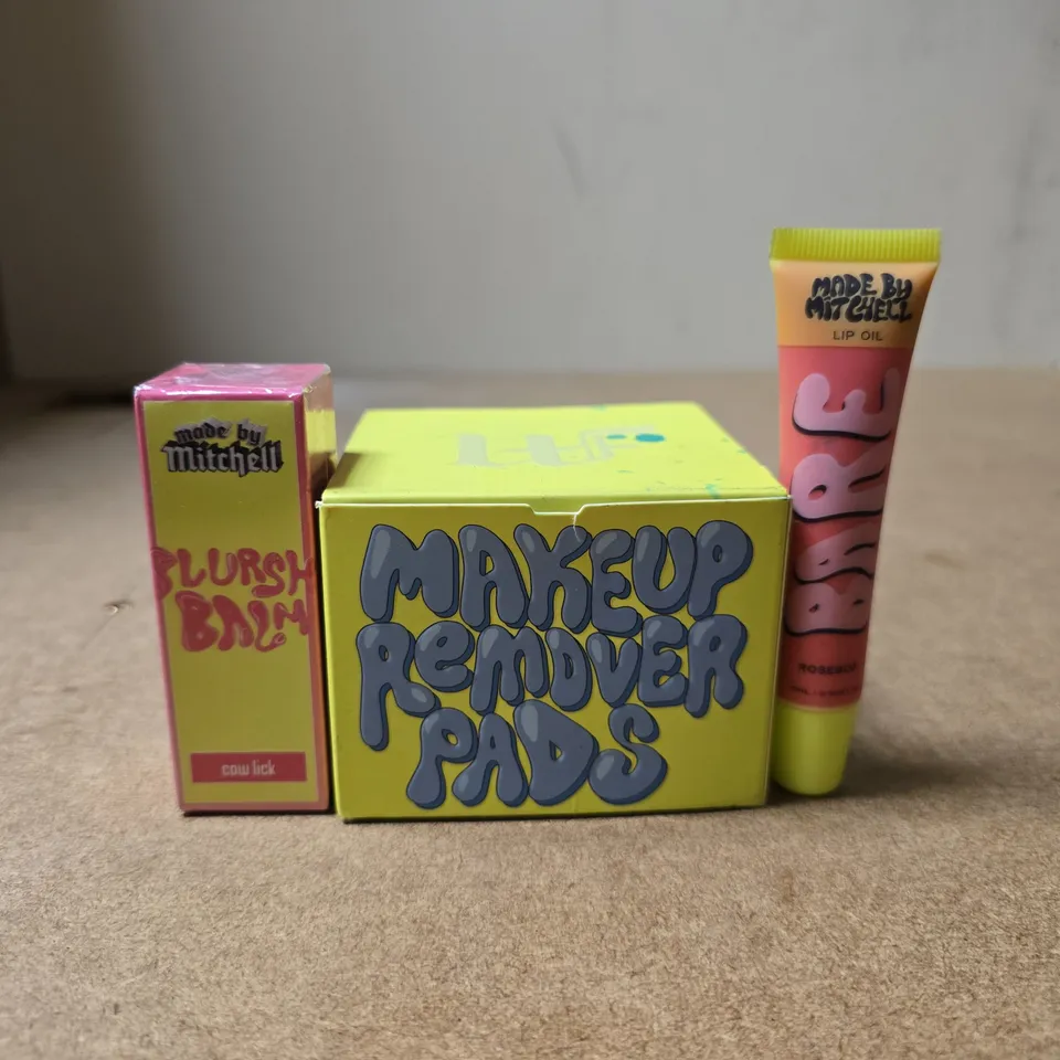 SET OF MADE BY MITCHELL PRODUCTS: BLURSH BALM, MAKE UP REMOVER PADS, ROSEBUD LIP OIL ETC