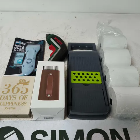 APPROXIMATELY 15 ASSORTED HOUSEHOLD PRODUCTS TO INCLUDE LABLES , TRAVEL POUCH AND OVER SCRAPER