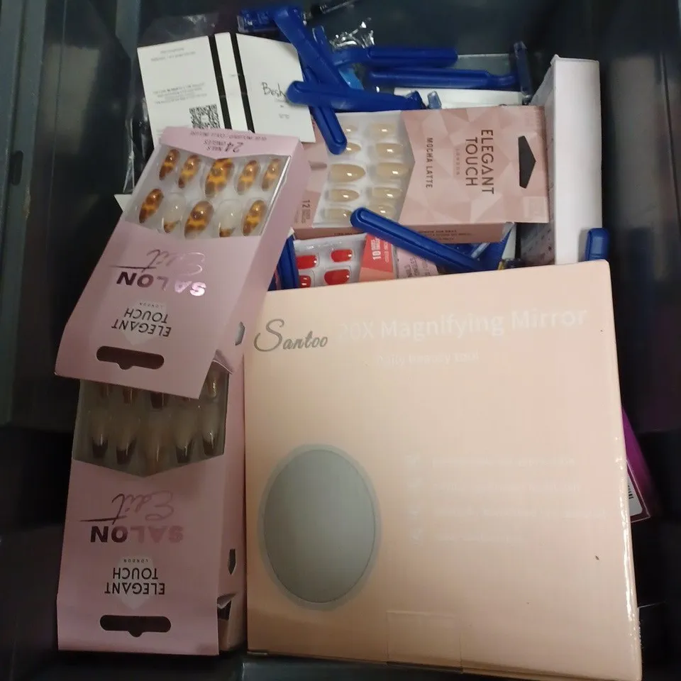 LOT OF APPROXIMATELY 20 COSMETICS ITEMS TO INCLUDE FACIAL WASH , BAMBOO PADS , ACRYLIC NAILS , ETC  