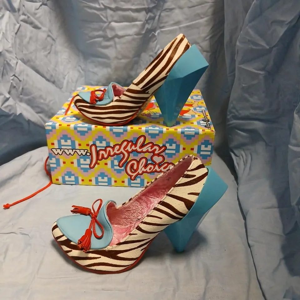 IRREGULAR CHOICE WOMEN'S ZEBRA PRINT HIGH HEEL SHOES – BLUE TOE CAP, RED TASSELS (UK 6.5 / EU 39)