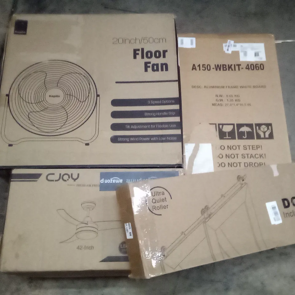 UNPROCESSED PALLET OF ASSORTED HOUSEHOLD GOODS TO INCLUDE ALUMINIUM FRAME WHITE BOARD, 20" FLOOR FAN, AND 42" CEILING FAN