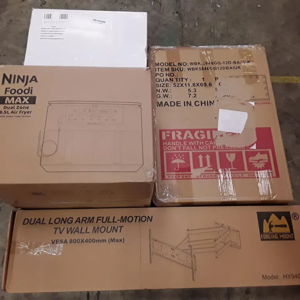 PALLET OF ASSORTED PRODUCTS INCLUDING HOLLYWOOD VANITY MIRROR, FULL MOTION TV WALL MOUNT, AIR FRYER, AIRBRUSH SPRAY, BATHROOM CABINET