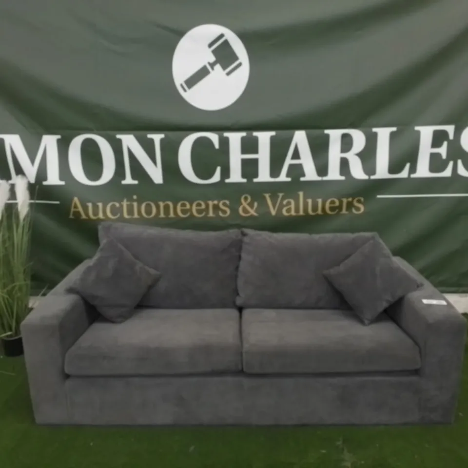 DESIGNER GREY FABRIC THREE SEATER SOFA WITH SIDE CUSHIONS
