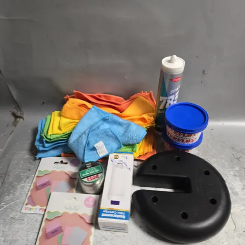 APPROXIMATELY 10 ASSORTED HOUSEHOLD ITEMS TO INCLUDE SOLDER, PARASOL BASE AND SILICONE