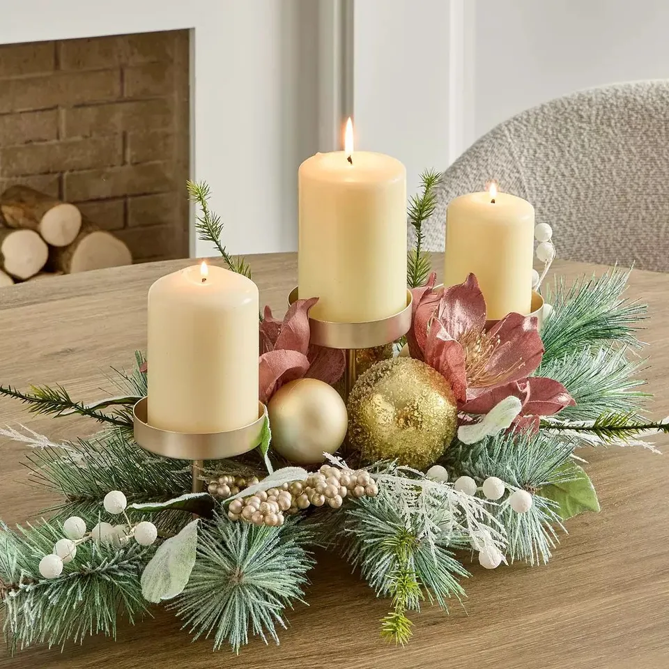 DUSKY PINK MAGNOLIA CANDLE TABLE CENTRE CHRISTMAS DECORATION