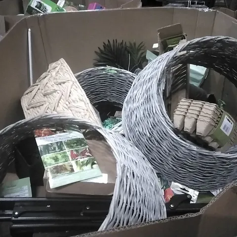 PALLET TO CONTAIN A VARIETY OF ITEMS TO INCLUDE TREE SKIRTS, CARDBOARD PLANTERS,SEEDS, ARTIFICIAL PLANT AND OTHER ASSORTED ITEMS...