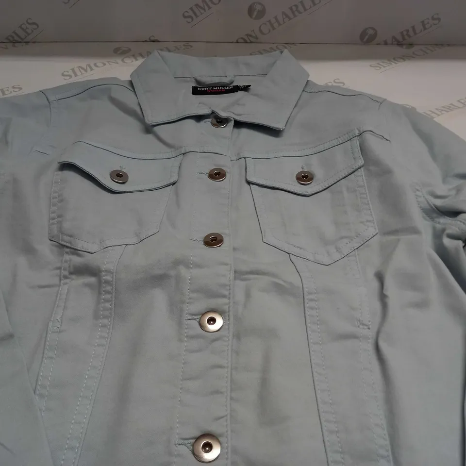 KURT MULLER WOMAN CROP FAUX DENIM JACKET IN BABY BLUE - UK 14