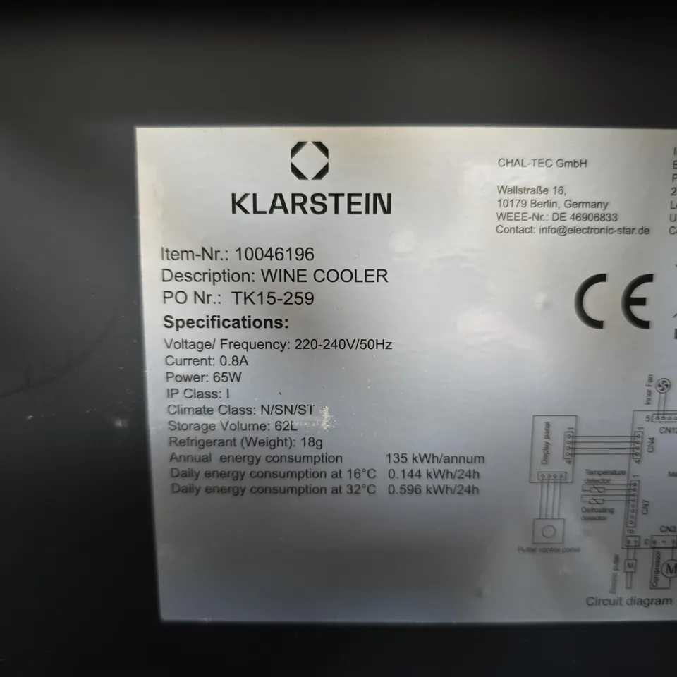 KLARSTEIN WINE COOLER TK15-259 – 62L, 65W, 220–240V, GLASS FRONT (ITEM 10046196)
