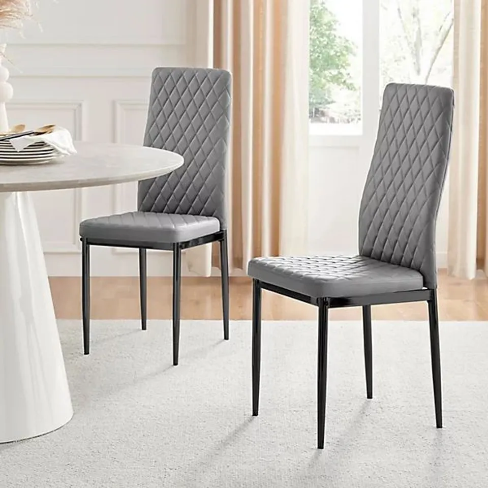BOXED SET OF 6 MILAN GREY HATCHED FAUX LEATHER DINING CHAIRS WITH BLACK LEGS (1 BOX)