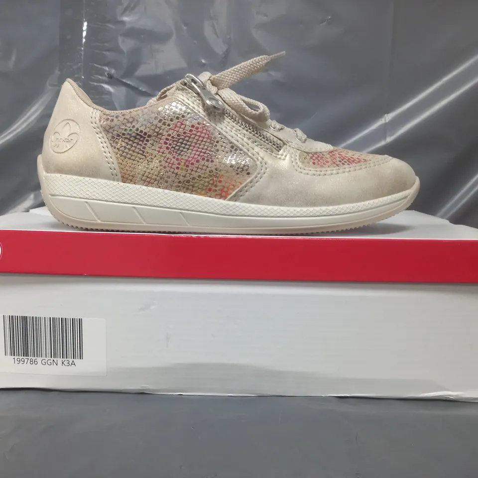 BOXED PAIR OF RIEKER TRAINERS IN GOLD SIZE 3.5
