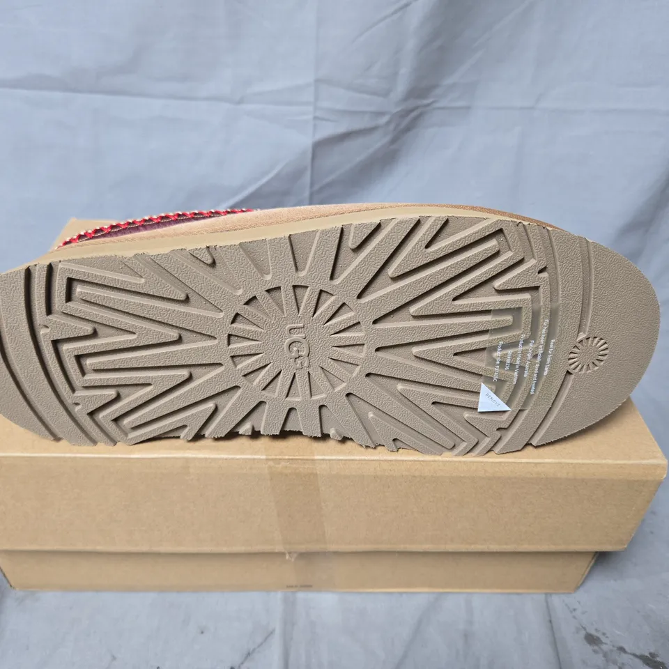 BOXED PAIR OF UGG SUEDE SLIPPERS WITH SHEARLING LINING – SAND/TAN, UK 8