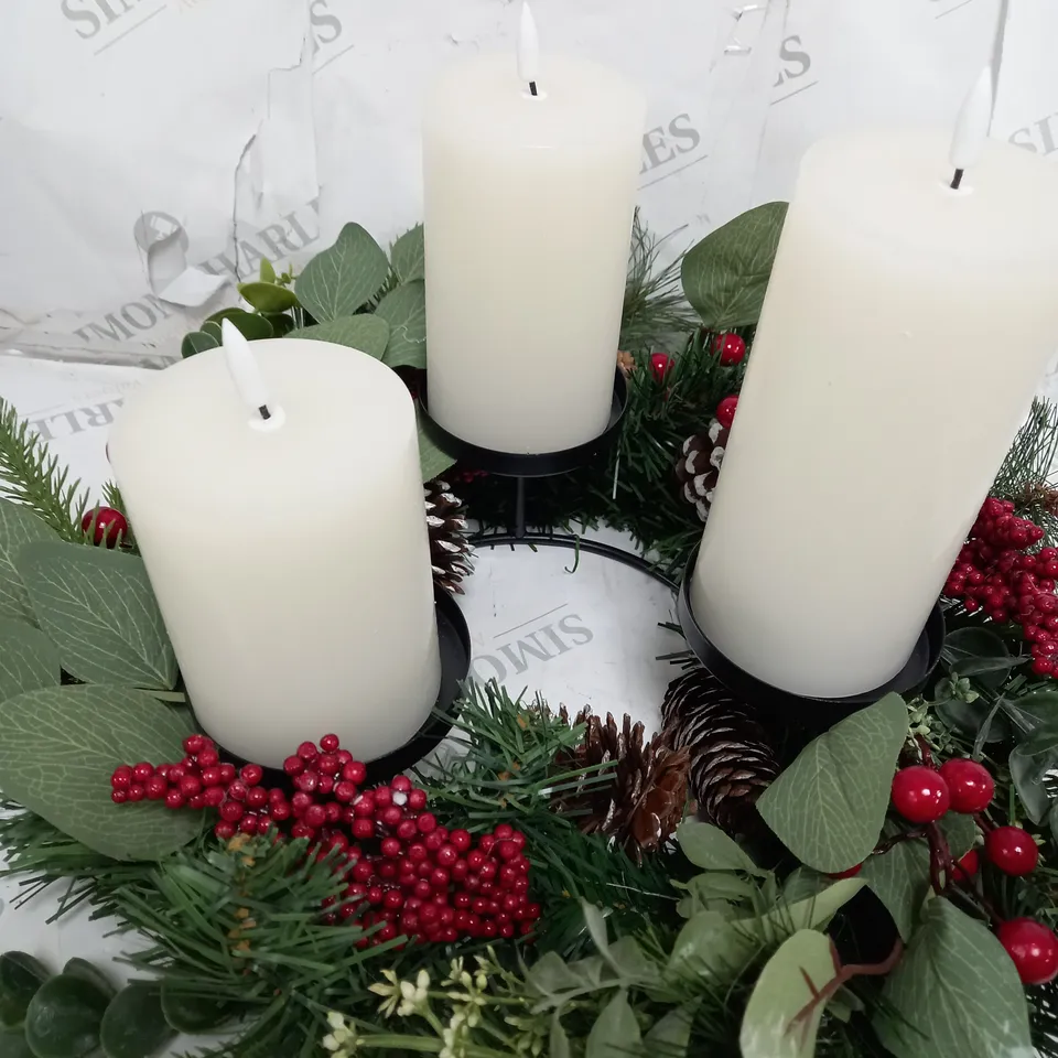 HOME REFLECTIONS 3 IN 1 FLAMELESS CANDLE WITH WREATH SET RED BERRY