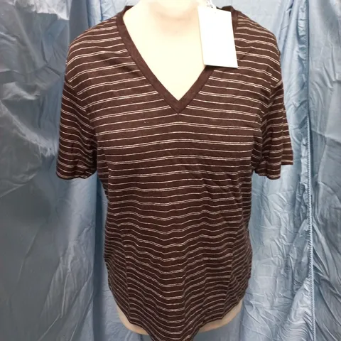 COS V-NECK BROWN STRIPED T-SHIRT - M