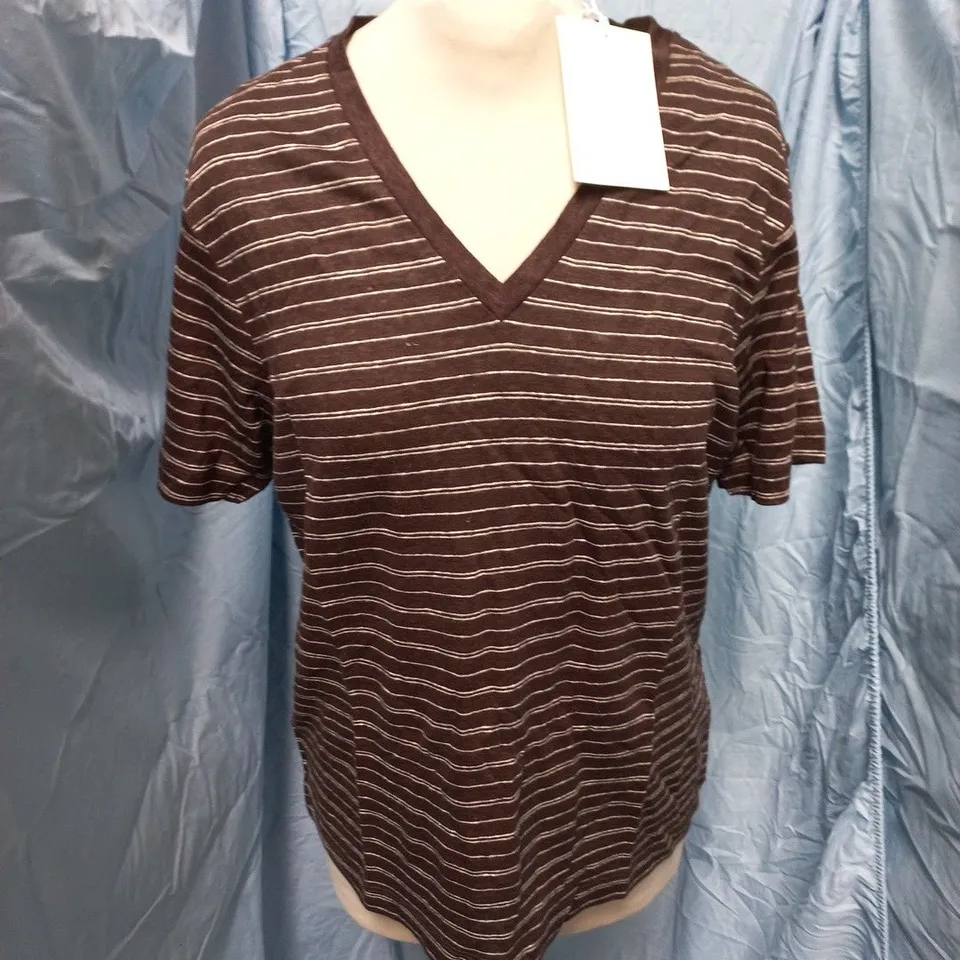 COS V-NECK BROWN STRIPED T-SHIRT - M