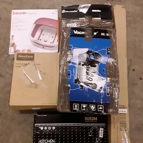 PALLET OF ASSORTED PRODUCTS INCLUDING KITCHEN FAUCET, FOOT SPA MASSAGER, ROTARY WASHING LINE, VACMASTER 30L VACUUM, MONITOR STAND