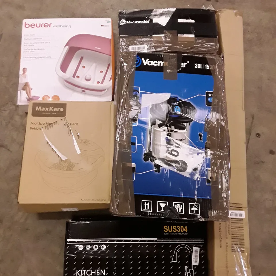 PALLET OF ASSORTED PRODUCTS INCLUDING KITCHEN FAUCET, FOOT SPA MASSAGER, ROTARY WASHING LINE, VACMASTER 30L VACUUM, MONITOR STAND  
