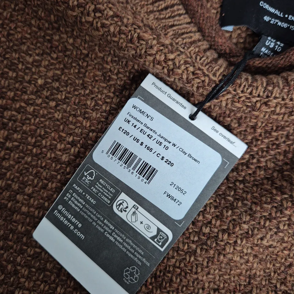 FINISTERRE WOMEN'S BARENTS JUMPER – BROWN, UK 14 (EU 42) – BRAND LABELLED