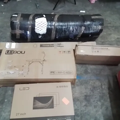 PALLET OF ASSORTED ITEMS TO INCLUDE: LED 27 INCH MONITOR, DESK, MATTRESS,  PORTABLE ICE BATHTUB, CLOTHES DRYING RACK ECT