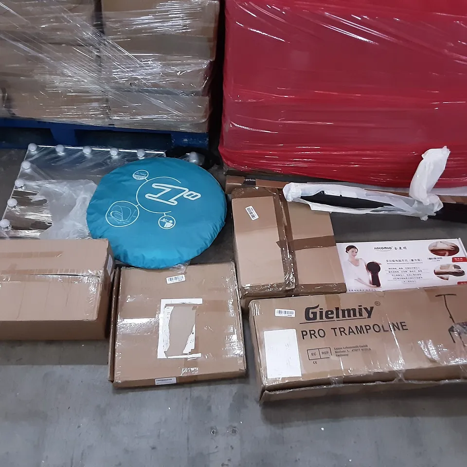 PALLET OF ASSORTED PRODUCTS TO INCLUDE GIELMIY PRO TRAMPOLINE, JINCOMSO COMPUTER ARM SUPPORT, MASTERSTROKE GLASS JAR, DOUBLE ROD GARMENT RACK, VENETIAN BLIND, LED BAR LIGHT 873MM