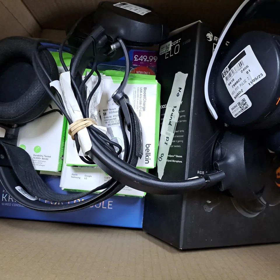 APPROXIMATELY 10 ASSORTED PRODUCTS TO INCLUDE RAZER KRAKEN WIRED CONSOLE GAMING HEADSET AND ROCCAT RGB GAMING HEADSET 